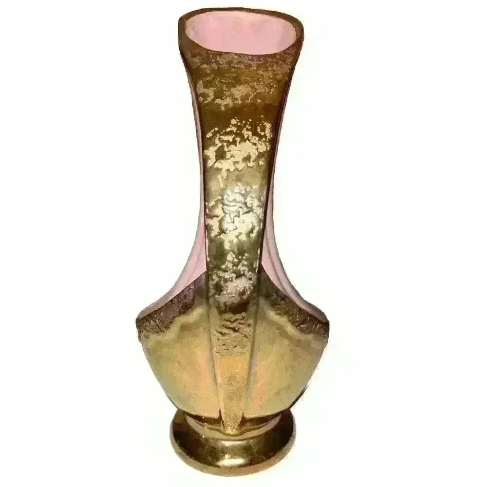 VINTAGE 1940s 1950s SHINY WEEPING GOLD TEXTURED PINK VASE - Picture 2 of 6